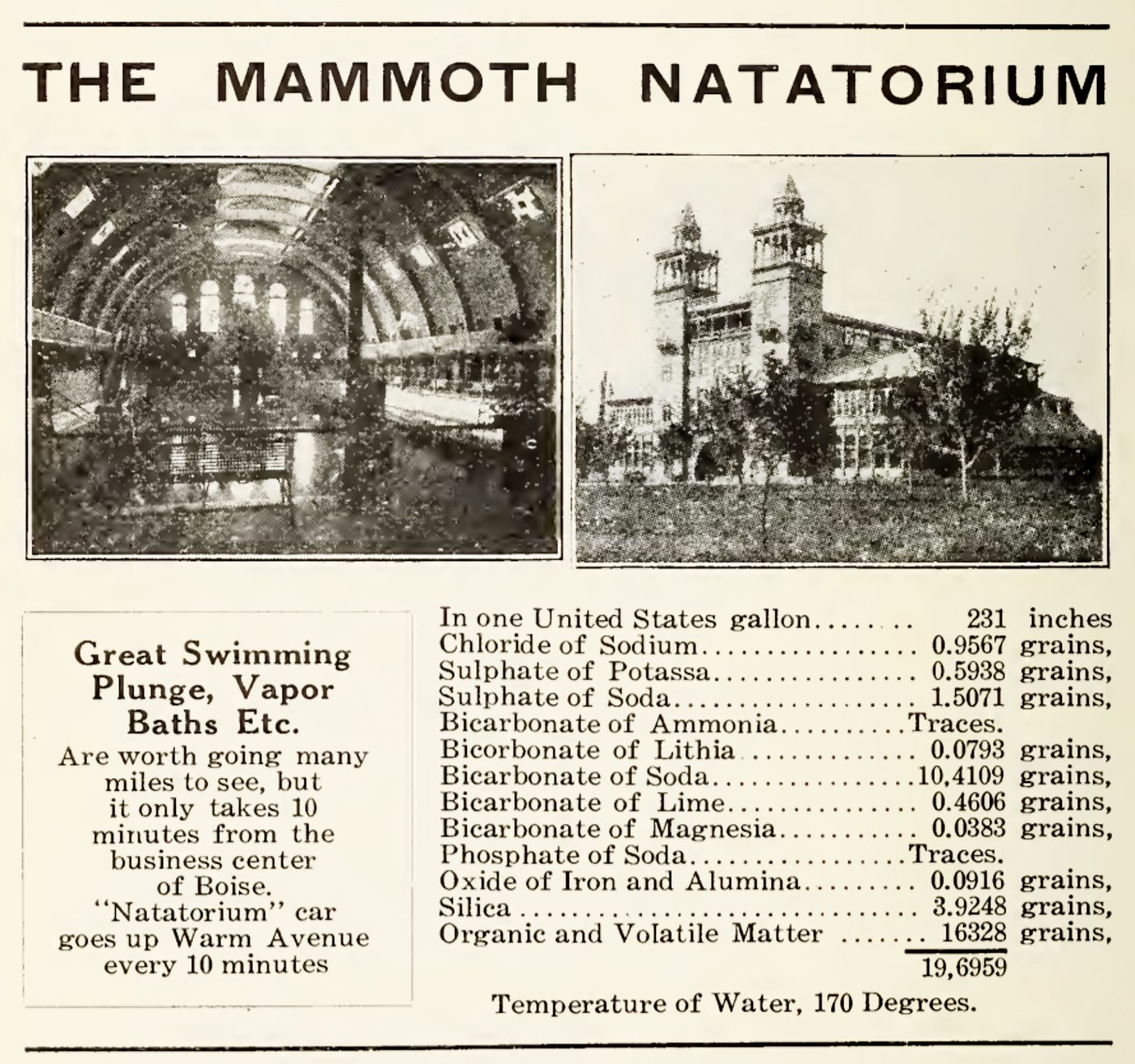 A 1906 advertisement for "The Mammoth Natatorium" from the Columbian Club cookbook. Public domain.